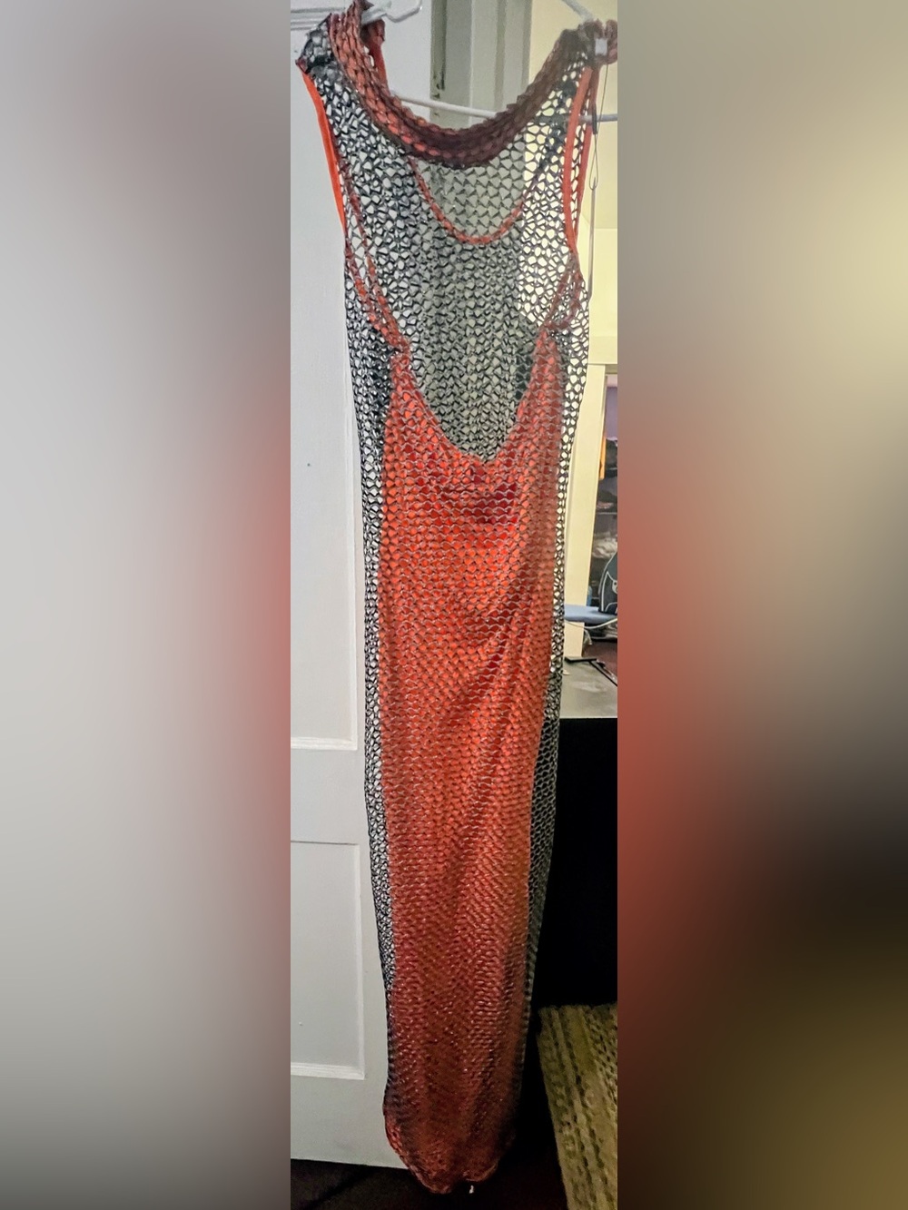 Vibrant Orange Slip Dress with Gray Net Lace Overlay